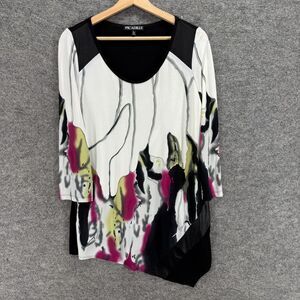 Picadilly Blouse Women L Large Black Geometric 3/4 Sleeve Round Neck Lined